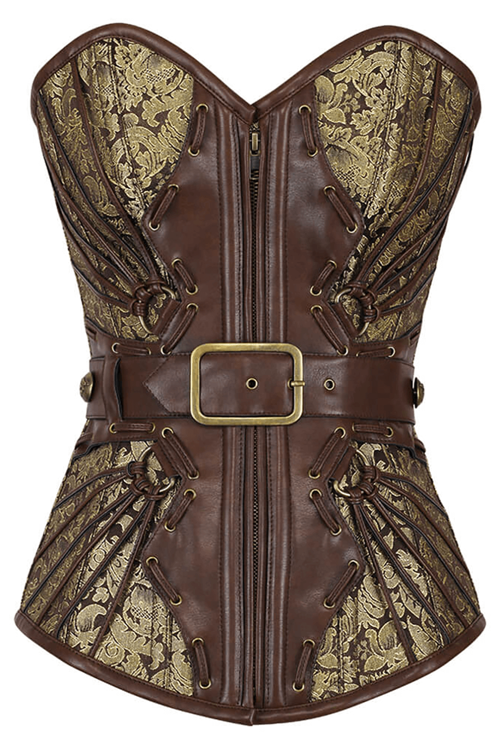 Alt Tag: Bold Overbust Corset with Buckle and Laced-Up Back, brown steampunk baroque floral overbust corset with front zip and belt buckle