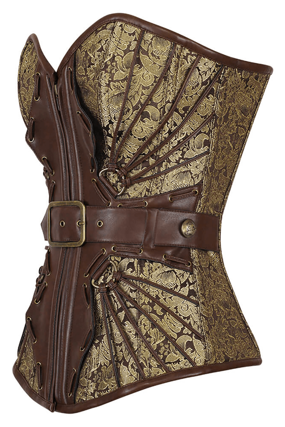 Bold Overbust Corset with Buckle and Laced-Up Back brown baroque steampunk overbust corset with buckle belt, front zip, lace-up back