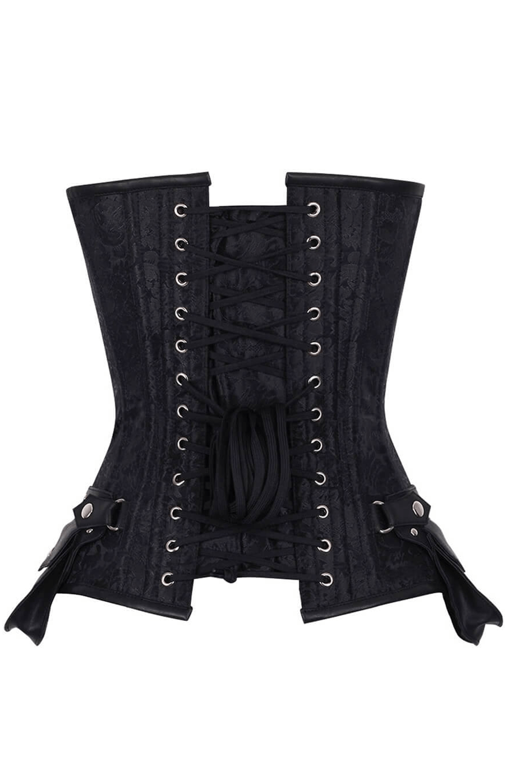 Alt Tag: Bold Overbust Corset with Front Zip and Hip Pouch black gothic overbust corset with steel boning, back lacing, hip pouches