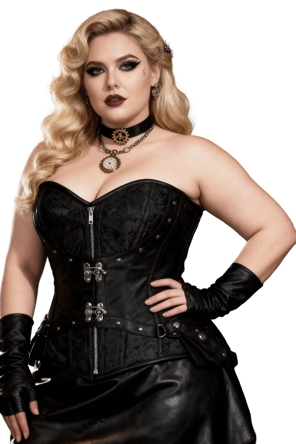 Alt Tag: Bold Overbust Corset with Front Zip and Hip Pouch on model, black gothic steampunk overbust corset with steel boning, zipper, hip pouch