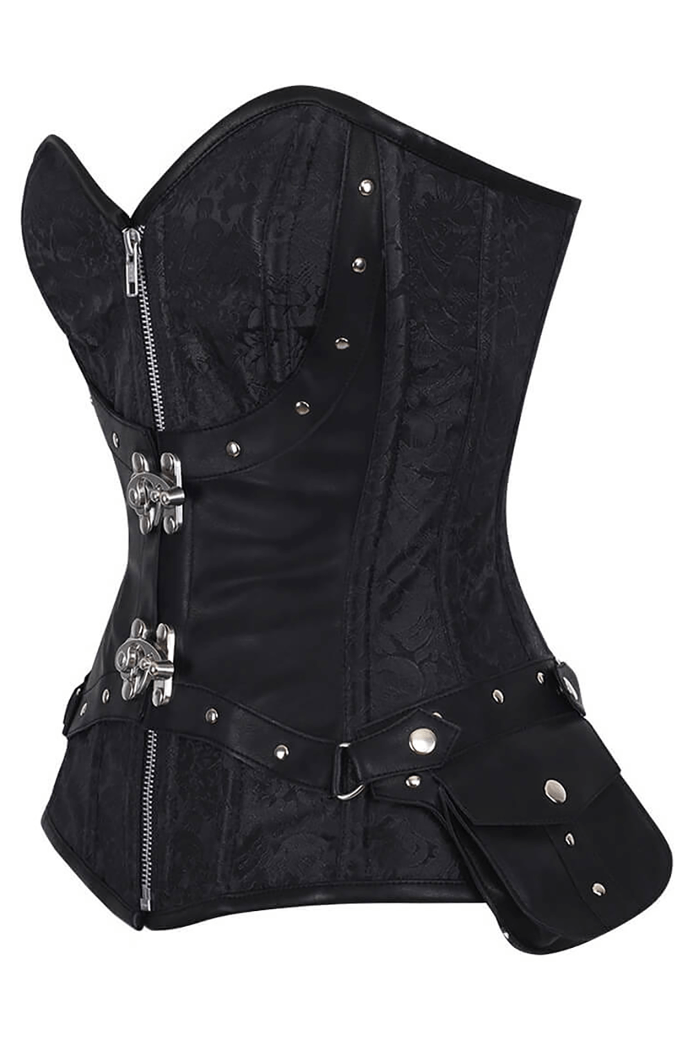 Bold Overbust Corset with Front Zip and Hip Pouch black gothic steampunk overbust corset with steel boning, metal clasps & side pouch