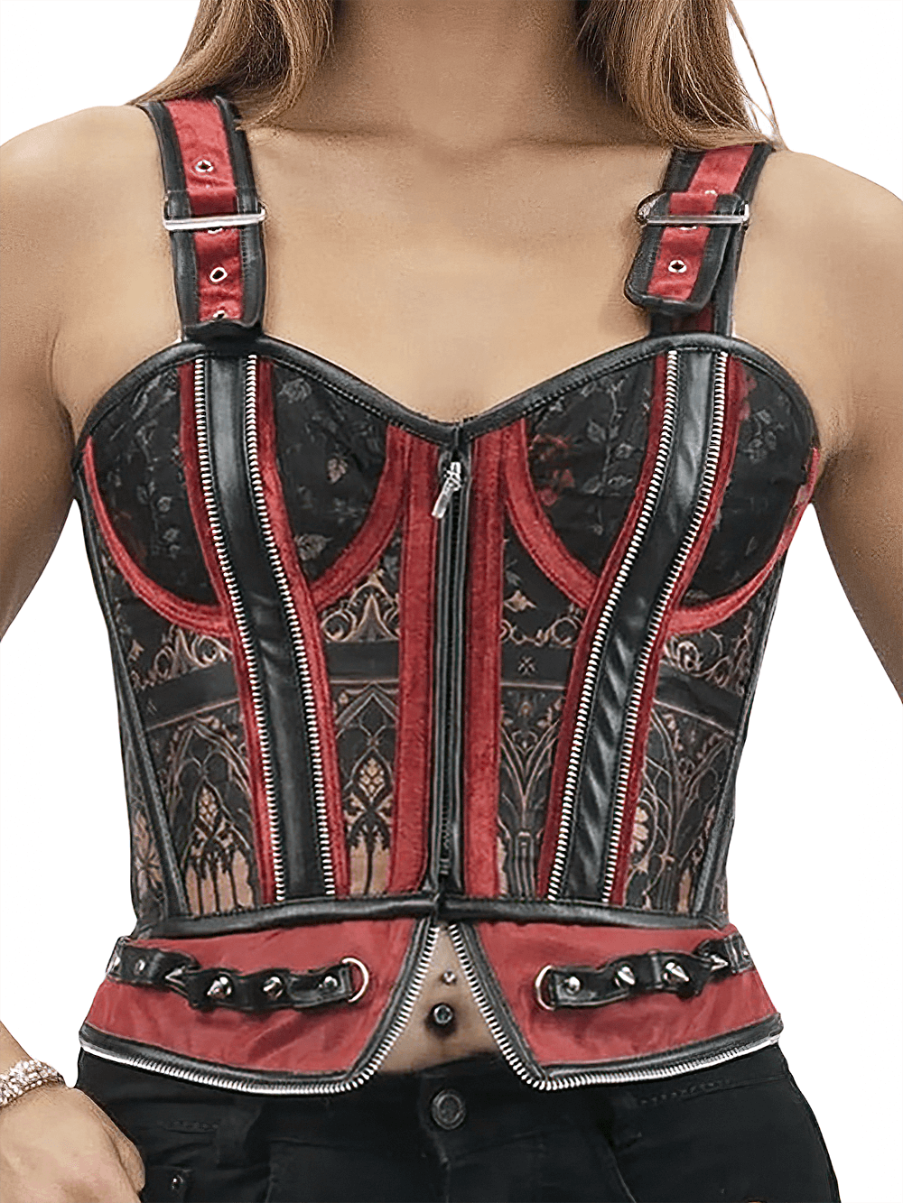 Bold Overbust Corset with Steel Boning and Zippers featuring gothic motifs and striking red accents.