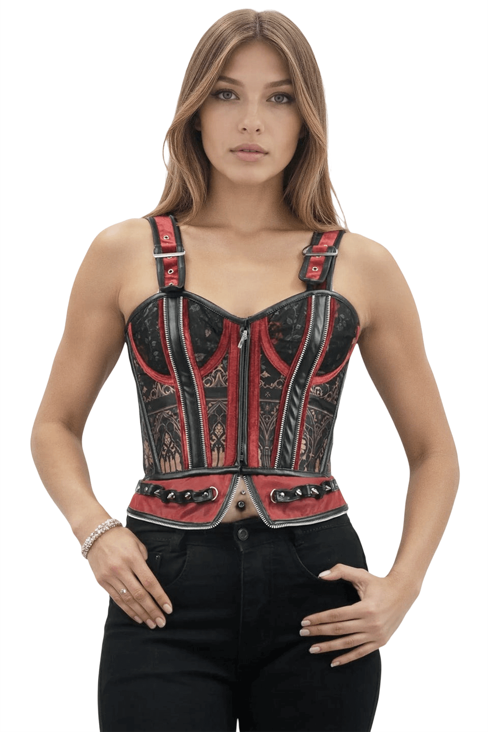 Bold Overbust Corset with Steel Boning and Zippers worn by model, showcasing gothic design and dramatic red accents.
