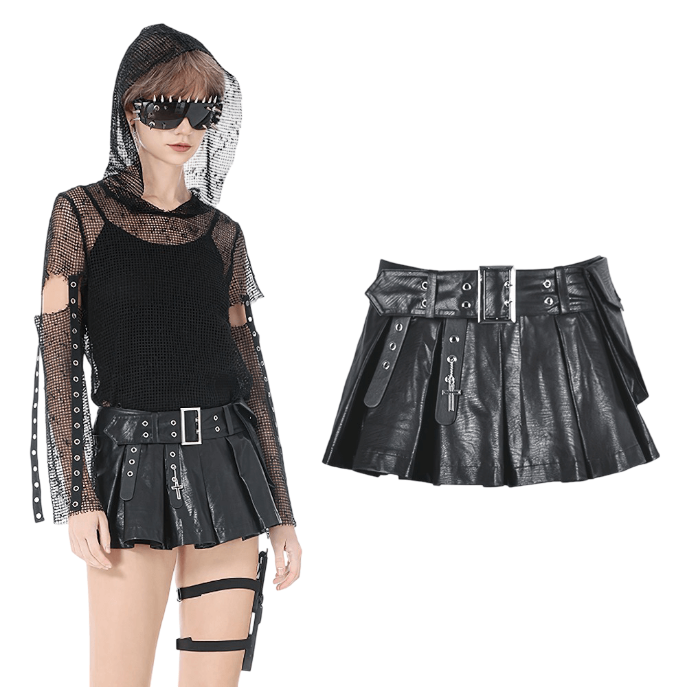 Bold Pleated Skirt Shorts with Belt and Cross Charm worn by a model showcasing punk fashion style.