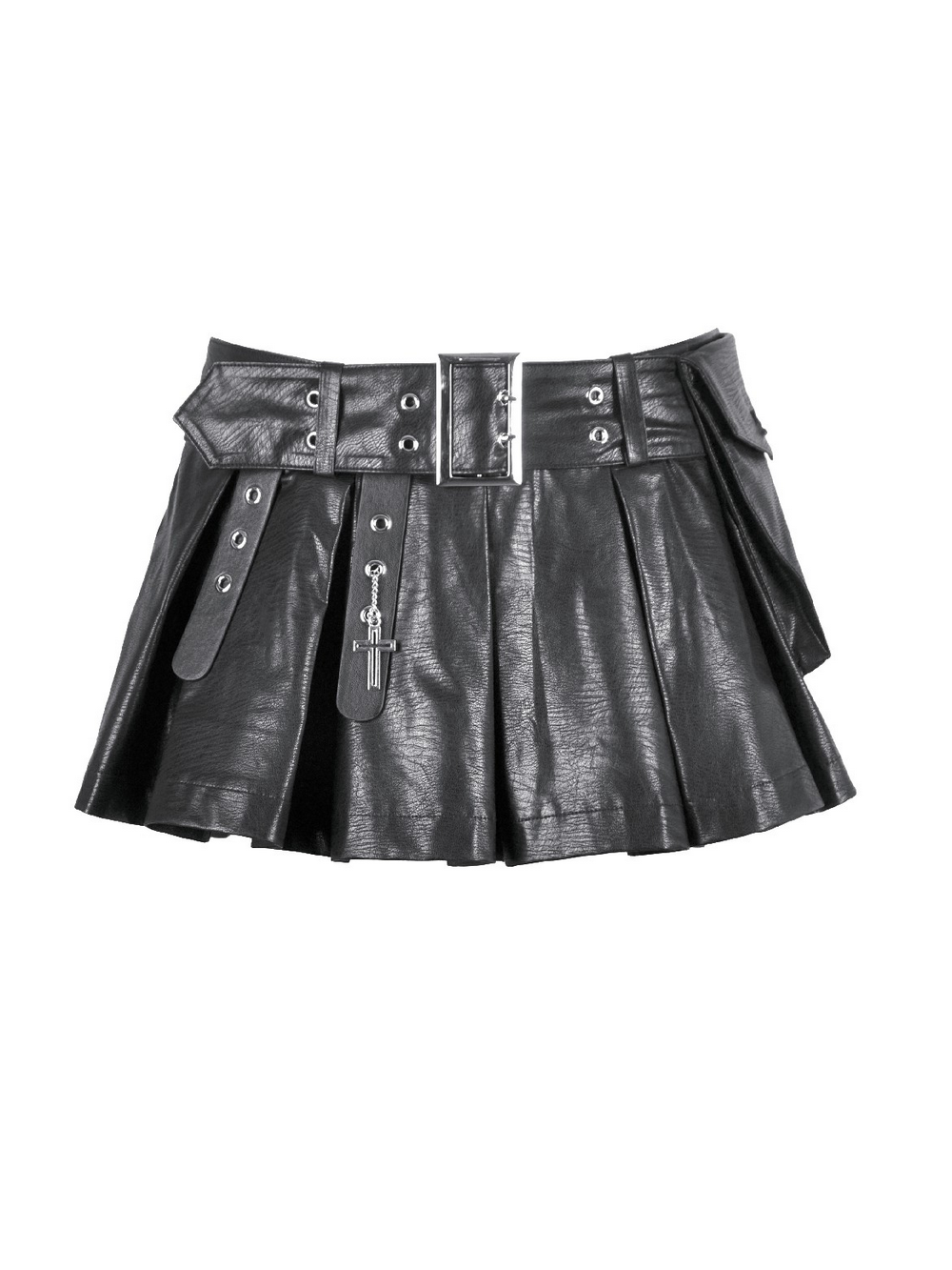 Bold Pleated Skirt Shorts with Belt and Cross Charm, punk leather mini skort with grommets and utility pocket.