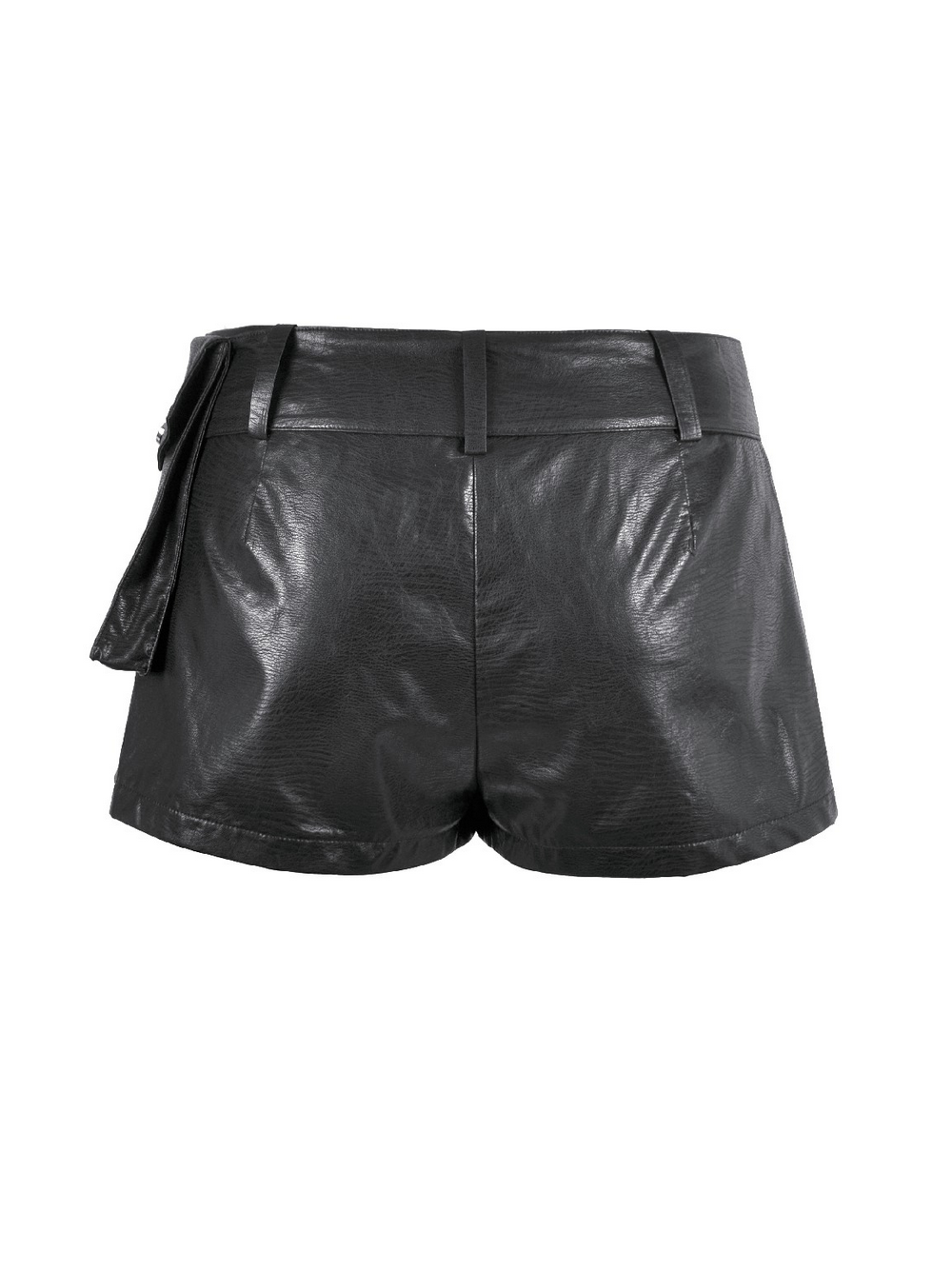 Bold Pleated Skirt Shorts with Belt and Cross Charm, back view of black faux leather shorts with wide belt.