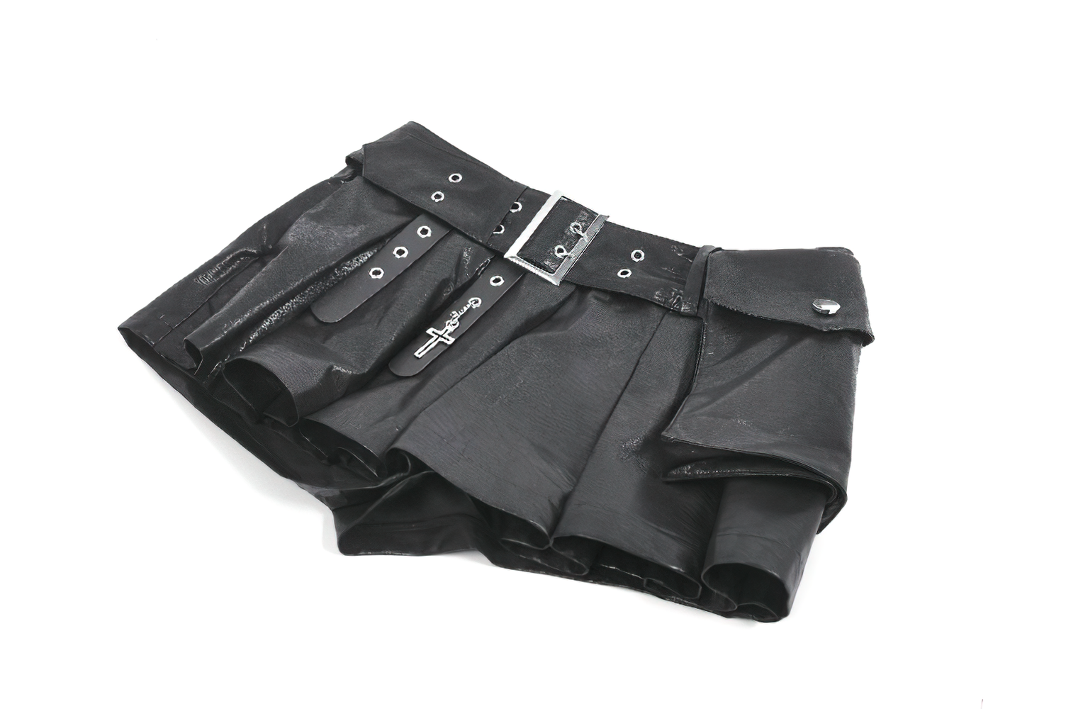 Bold Pleated Skirt Shorts with Belt and Cross Charm showcasing punk style with grommets and a utility pocket.