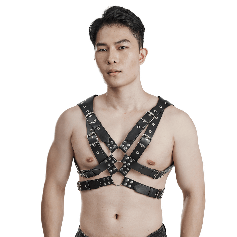 Edgy multi-strap PU leather body harness with metal accents, stylish punk fashion statement for men.