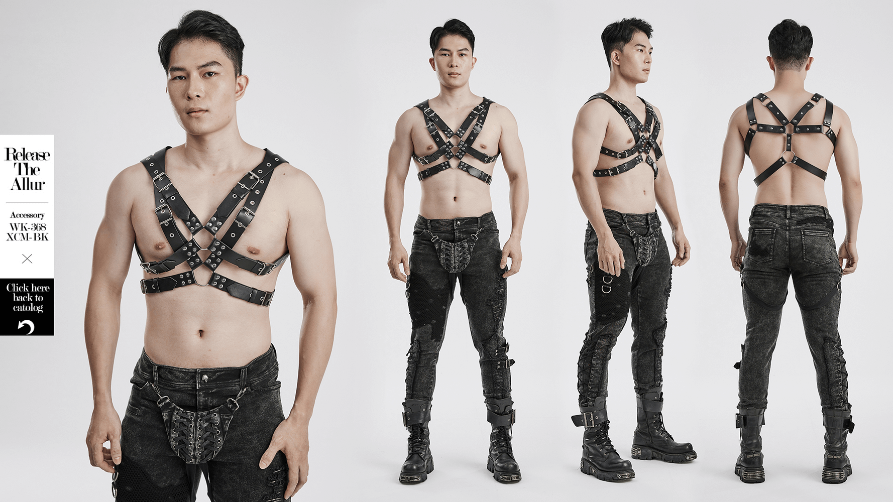 Stylish male model showcasing a Bold PU Leather Body Harness with metal accents from multiple angles.