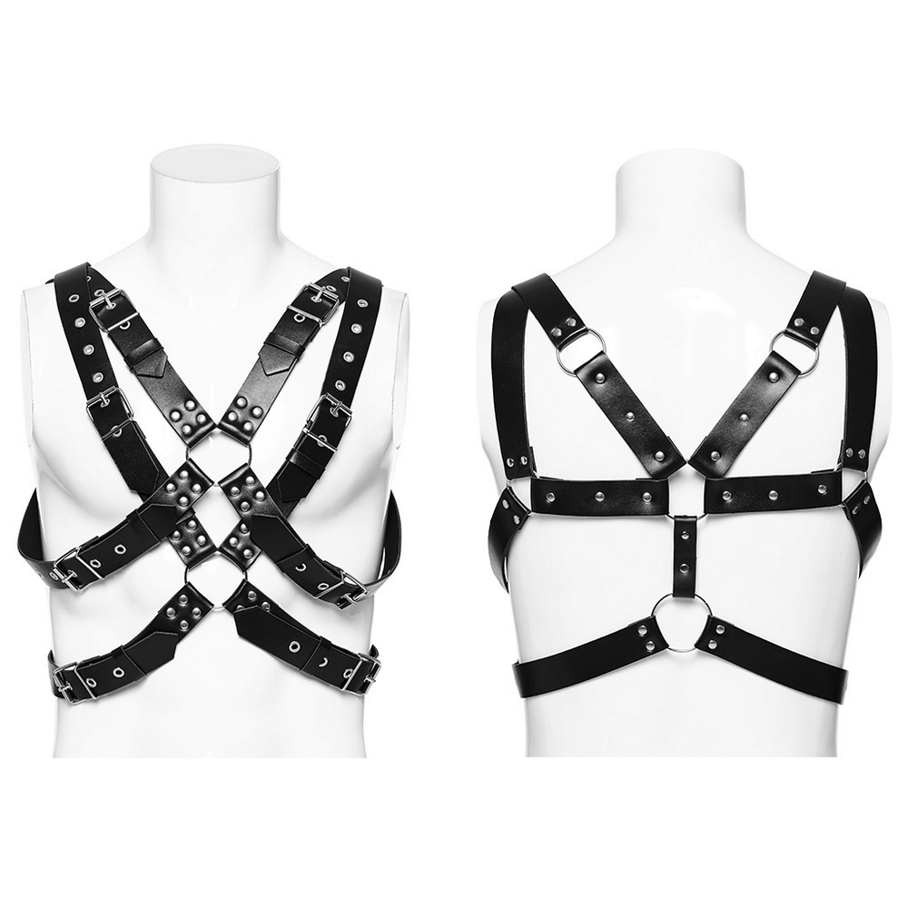 Bold PU leather body harness with multi-straps and metal accents, designed for edgy punk fashion.