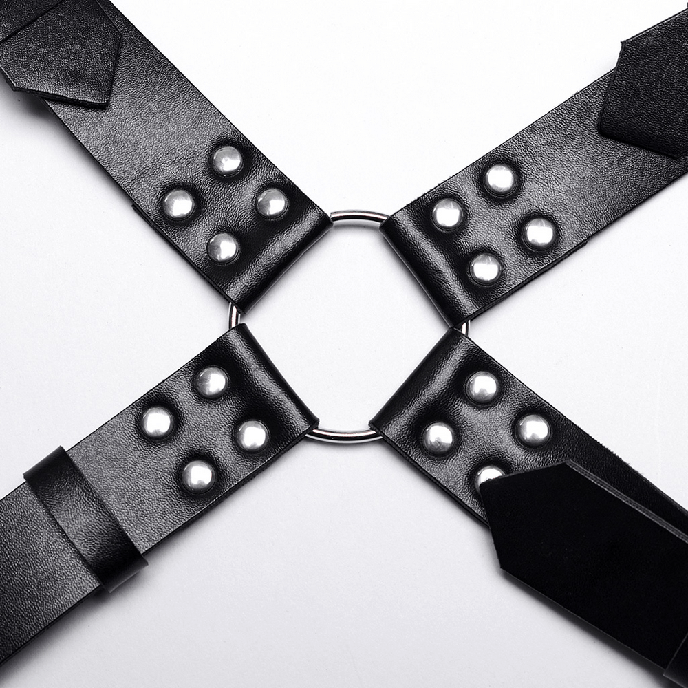 Close-up of a bold PU leather body harness featuring metal accents and adjustable multi-straps.