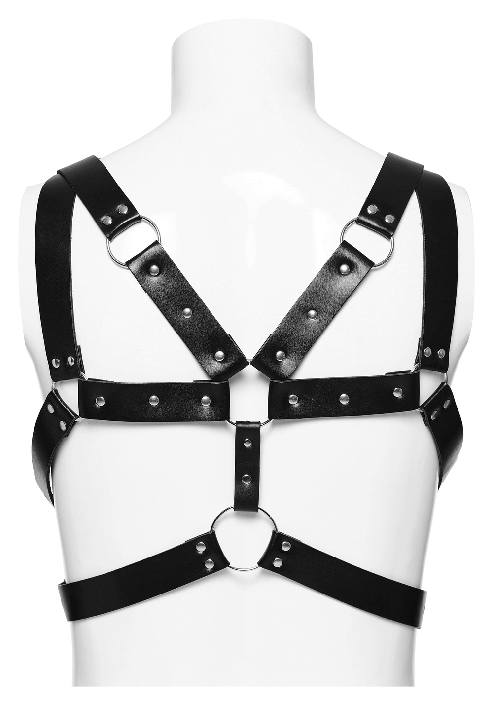 Edgy PU leather body harness with metal accents, showcasing a multi-strap design on a mannequin.