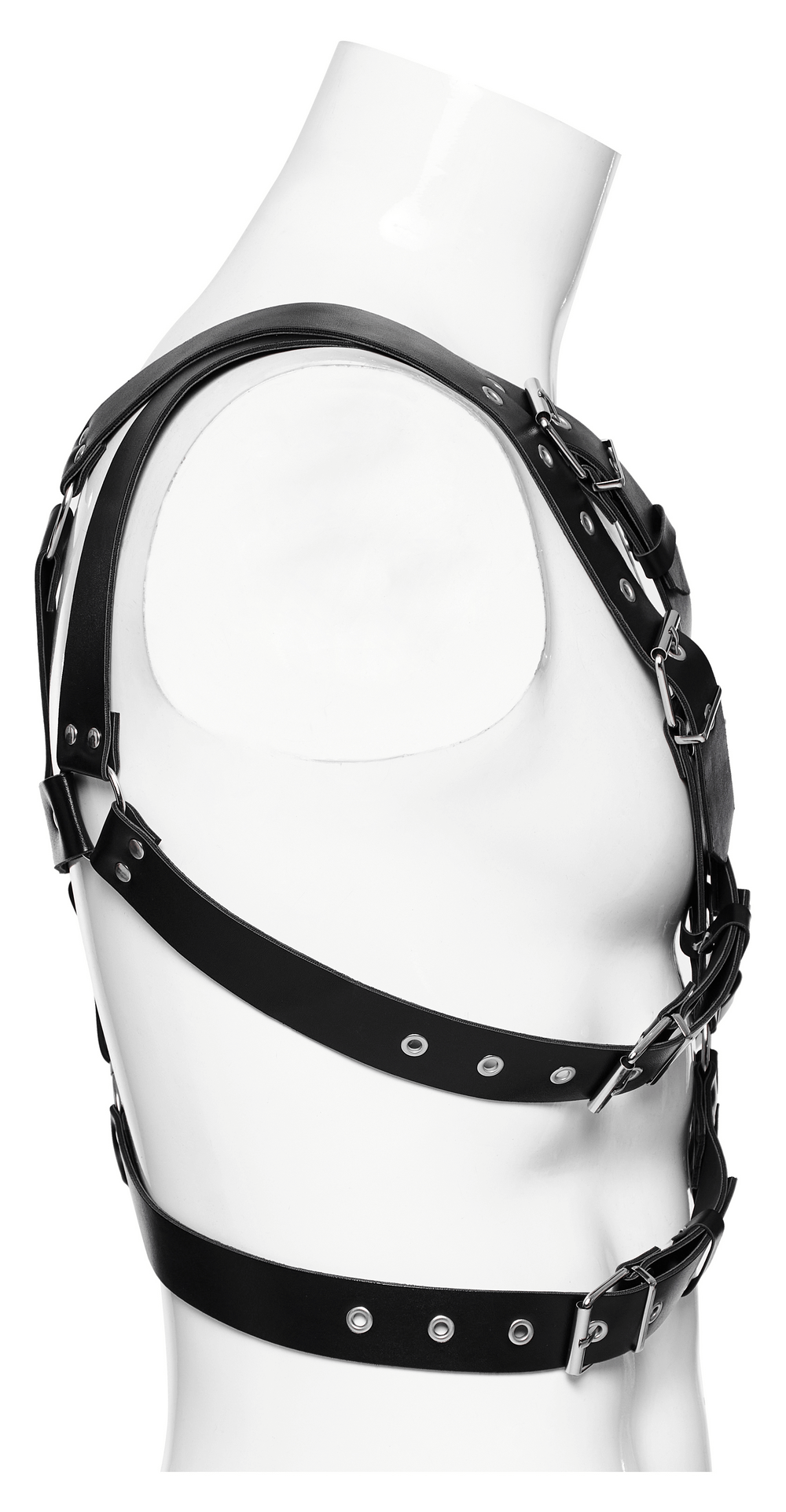 Bold PU leather body harness with metal accents shown on mannequin, showcasing multi-strap punk fashion.