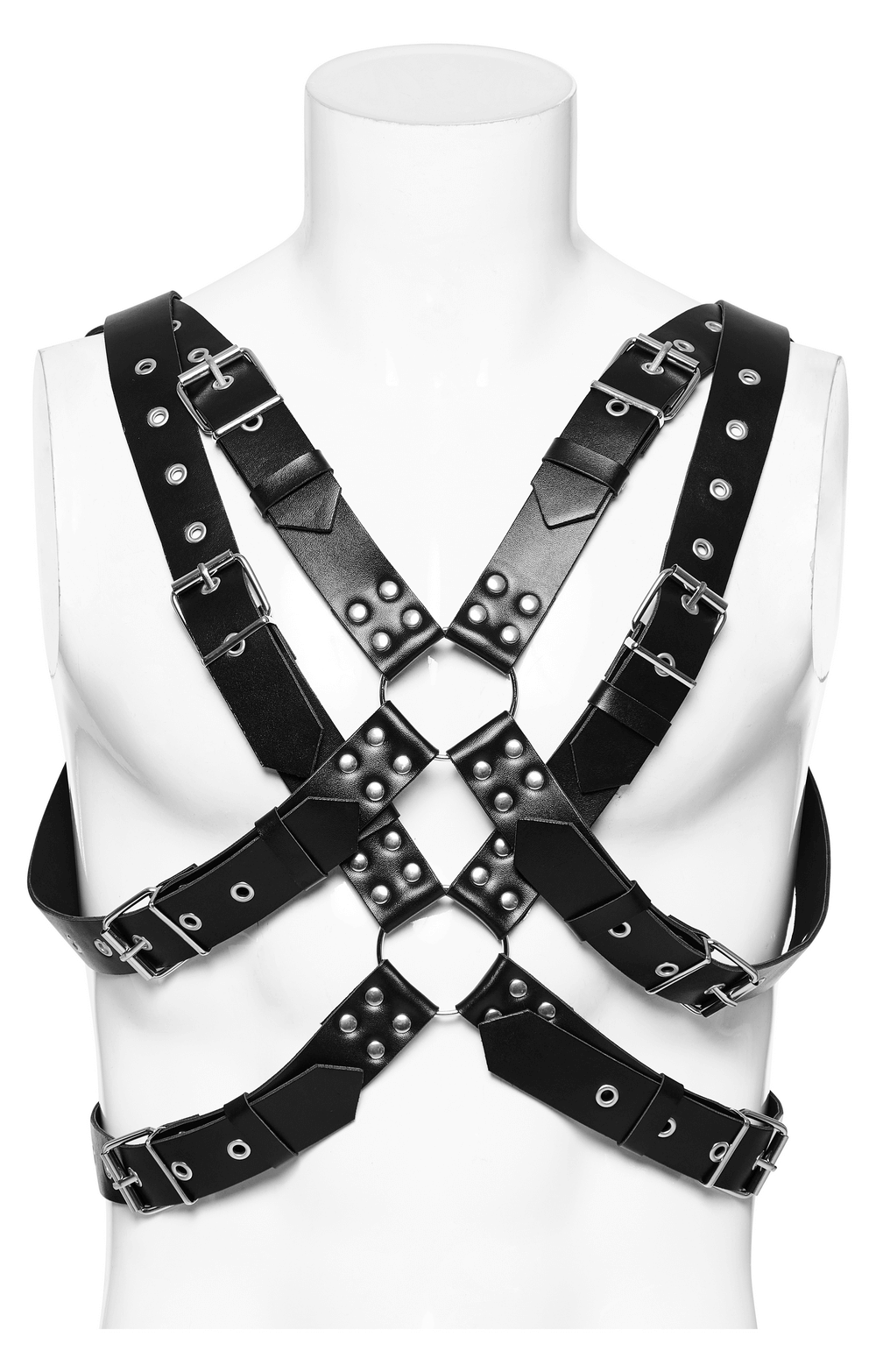 Bold PU leather body harness with metal accents, showcasing a punk style and multi-strap design.