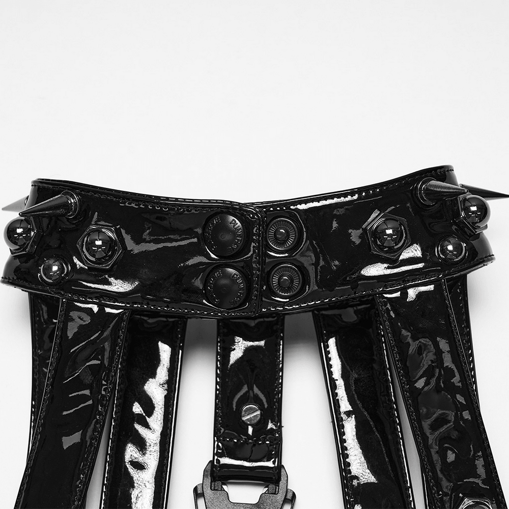 Bold Punk Patent Leather Harness with Spike Collar, glossy gothic techwear harness with buckle straps and spikes