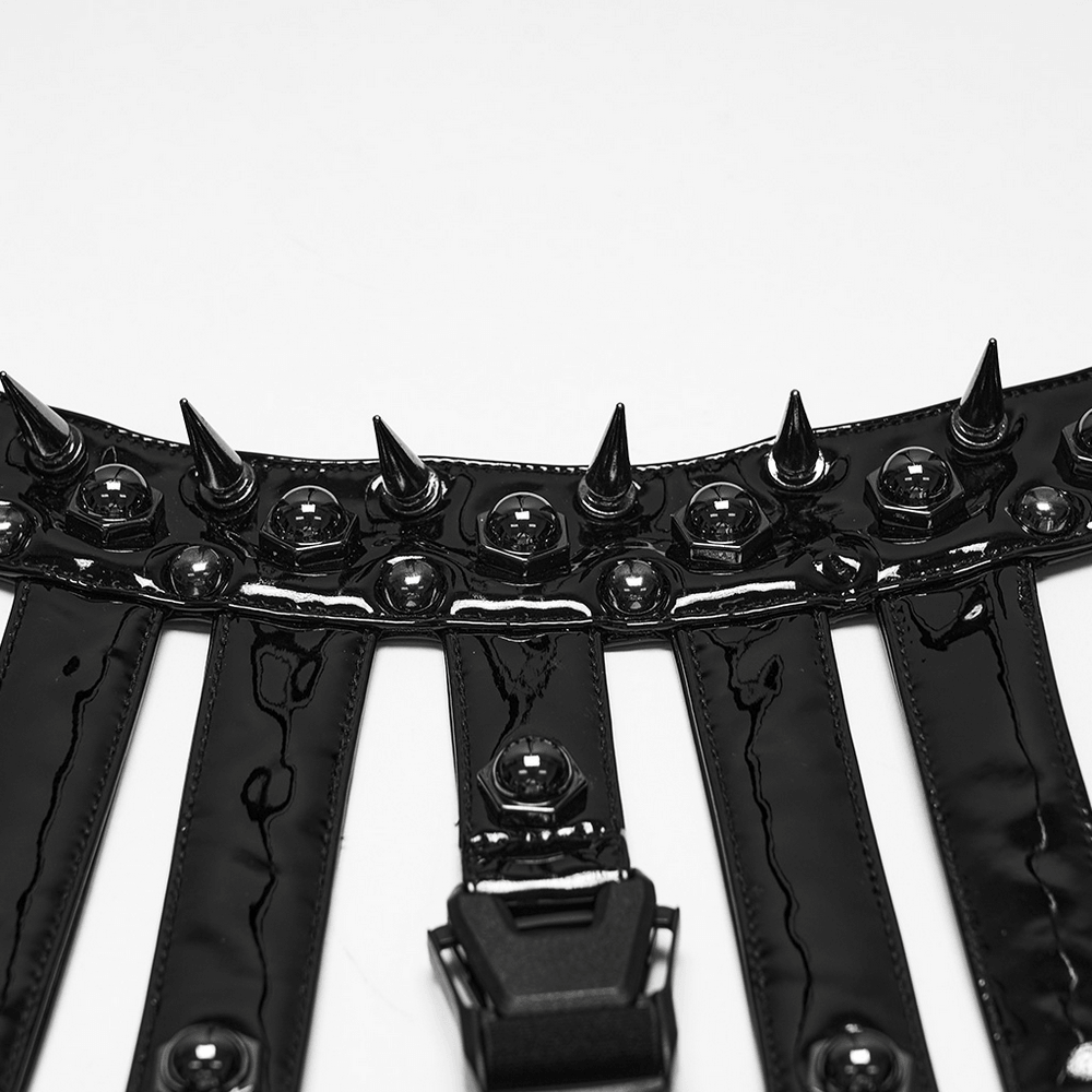 Bold Punk Patent Leather Harness with Spike Collar, glossy black techwear harness with spikes and buckle straps