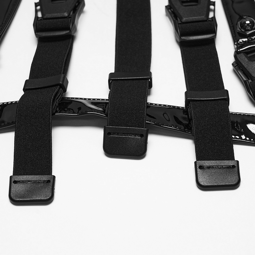 Bold Punk Patent Leather Harness with Spike Collar black techwear harness with adjustable buckle straps and glossy patent leather
