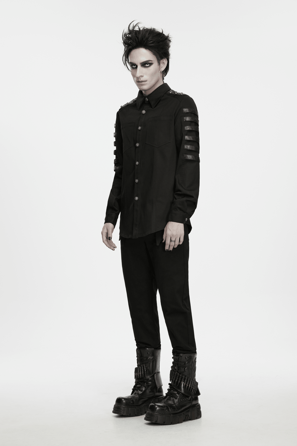 Bold Punk Strap Sleeved Cotton Cargo Shirt for Men modeled by a person with stylish black boots and striking makeup.