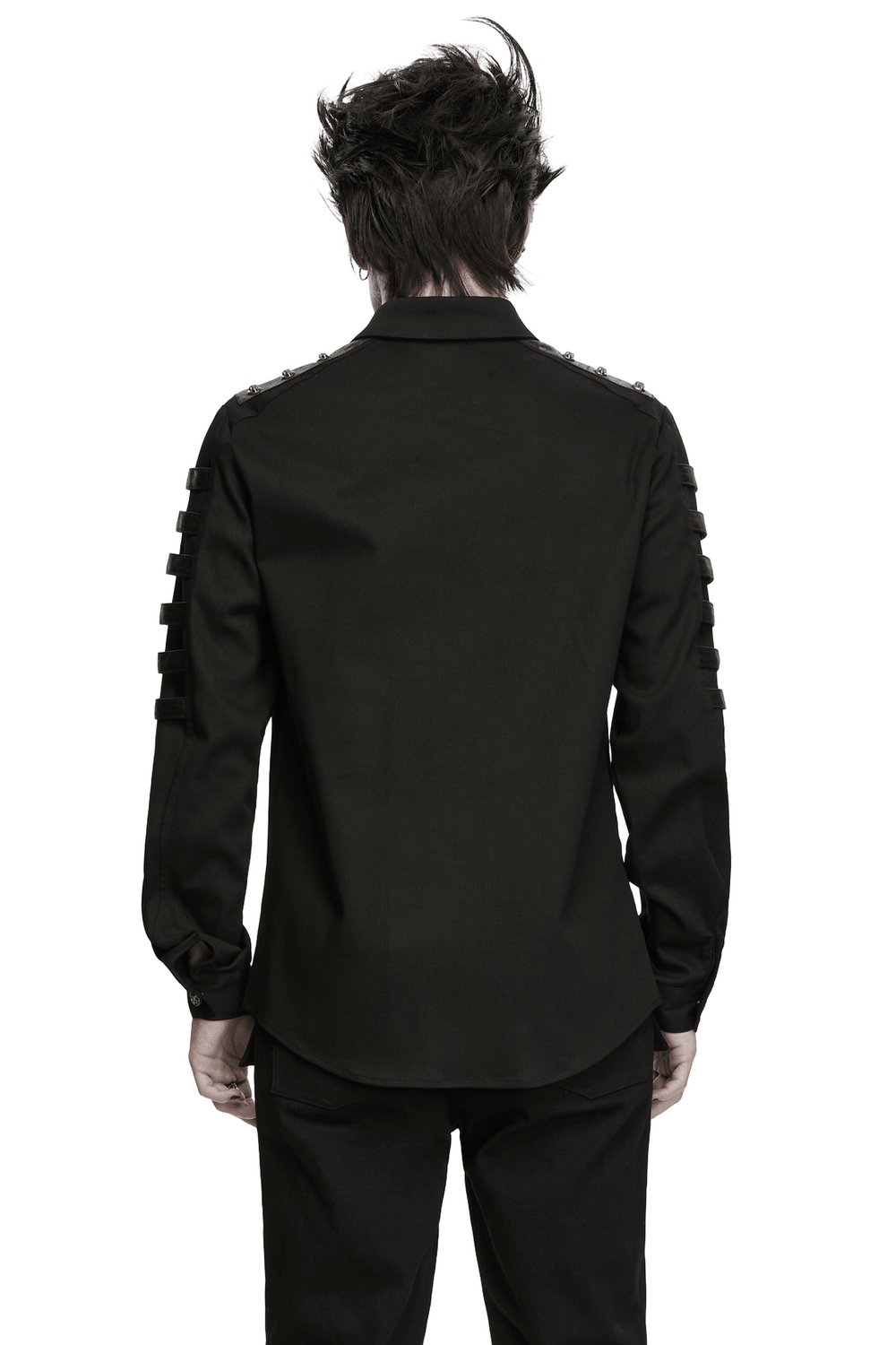 Back view of a man wearing a Bold Punk Strap Sleeved Cotton Cargo Shirt for Men in black.