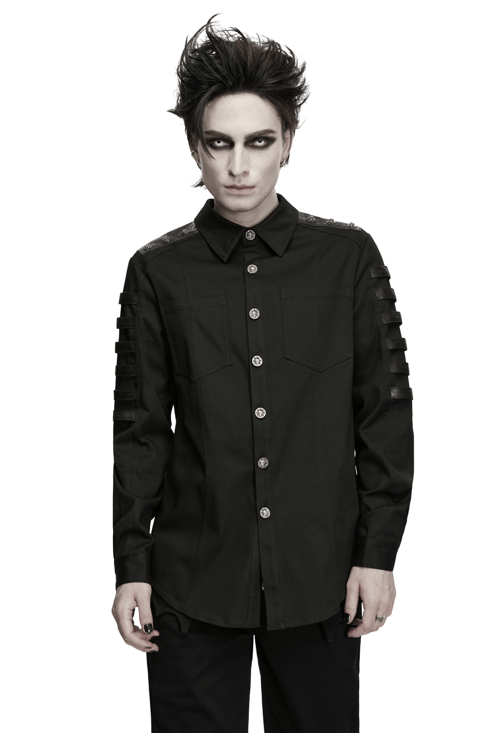 Bold Punk Strap Sleeved Cotton Cargo Shirt for Men worn by a model with dramatic makeup and hairstyle.