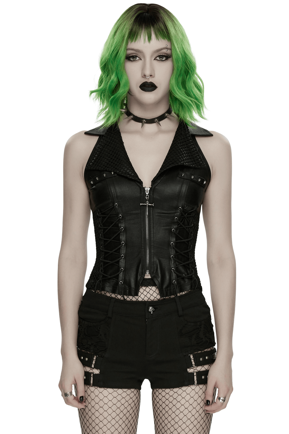 Bold Punk Vest with Cross Pendant and Adjustable Drawstrings worn by a model with green hair.