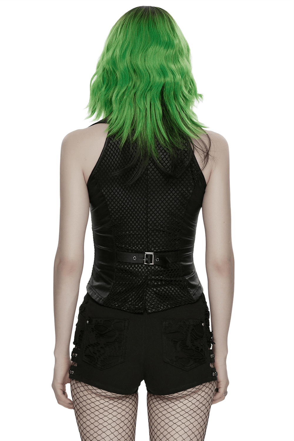 Back view of a Bold Punk Vest with Cross Pendant and Adjustable Drawstrings, highlighting mesh details and a stylish fit.