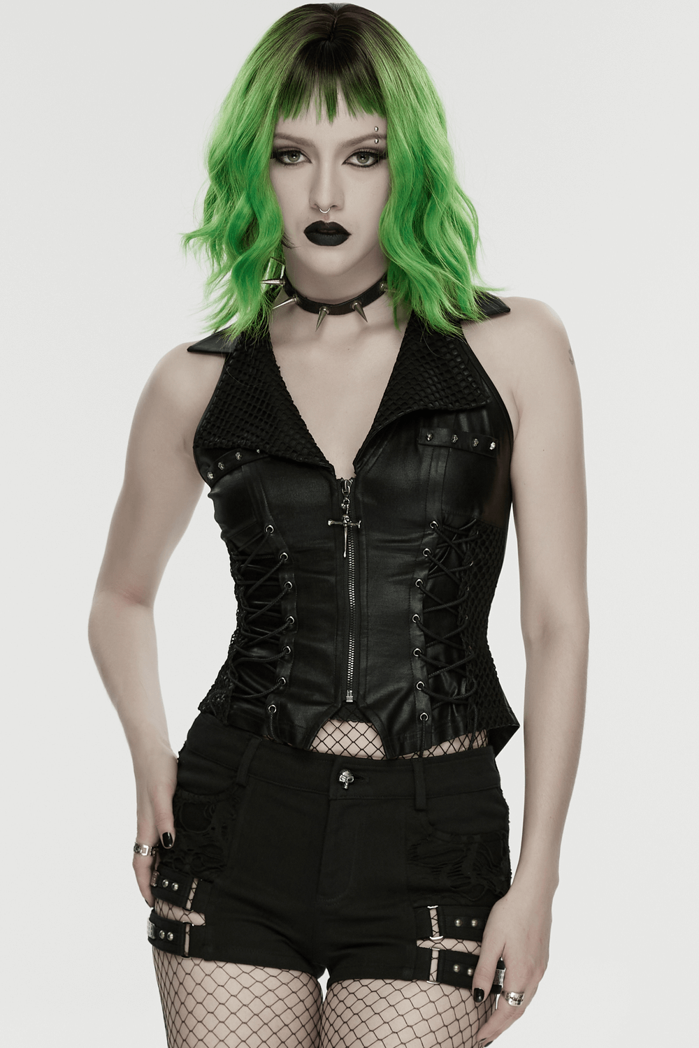 Bold Punk Vest with Cross Pendant and Adjustable Drawstrings showcased on a model with green hair.