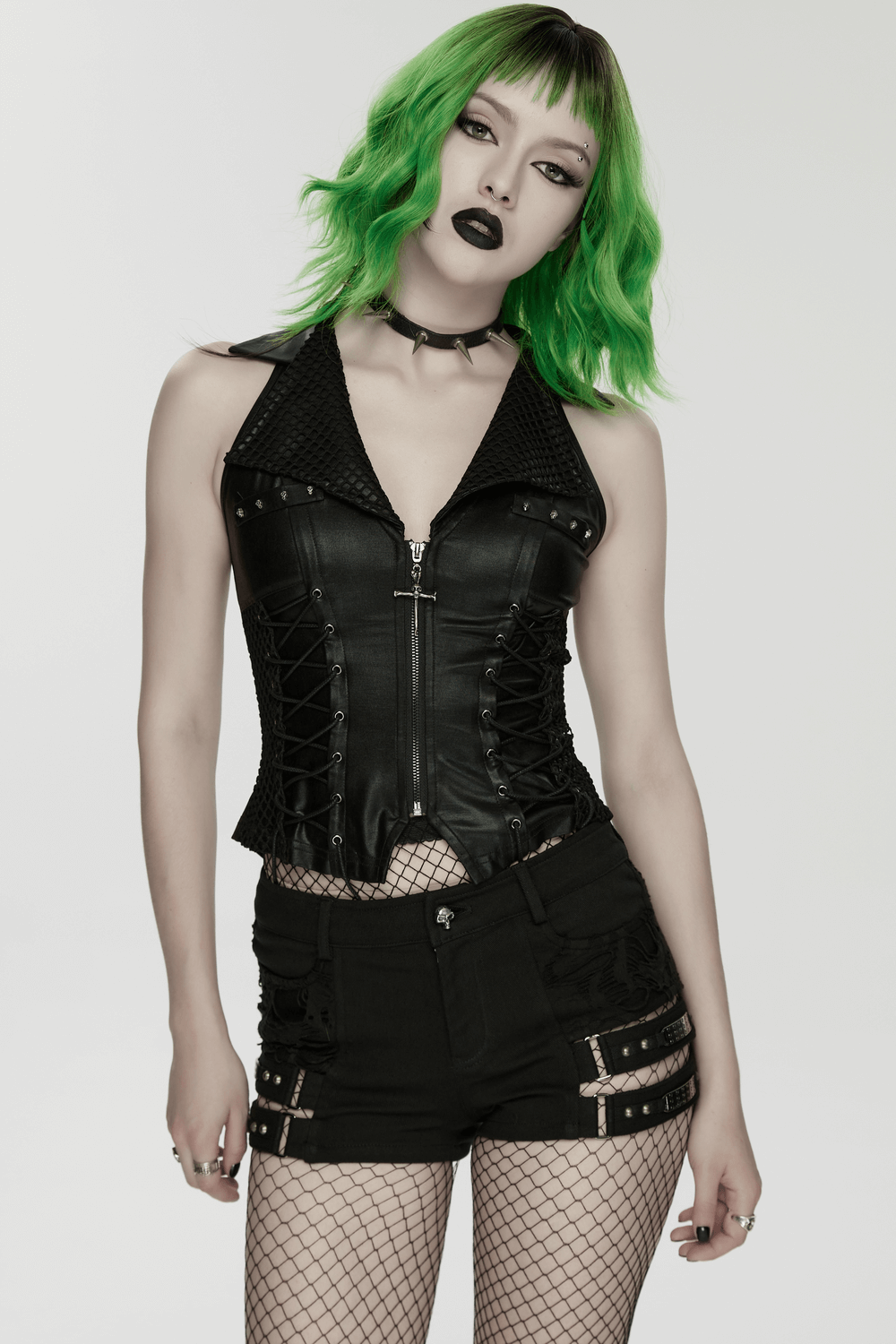 Bold Punk Vest with Cross Pendant and Adjustable Drawstrings displayed on a model with green hair, exuding punk style.