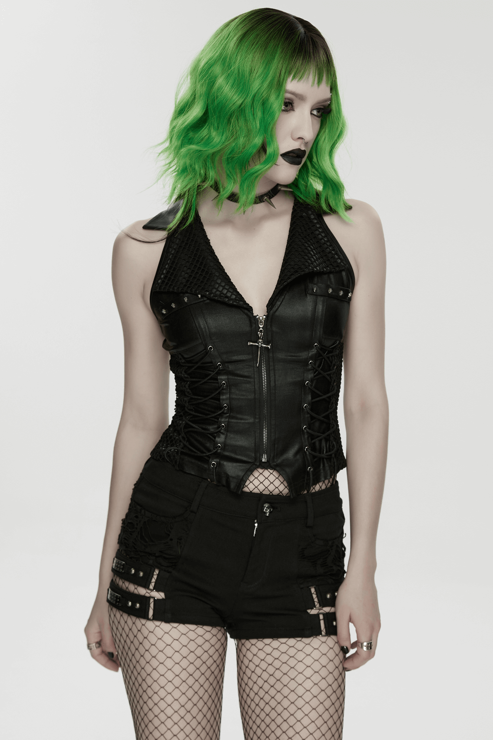 Bold Punk Vest with Cross Pendant and Adjustable Drawstrings modeled by a person with green hair, showcasing its edgy style.