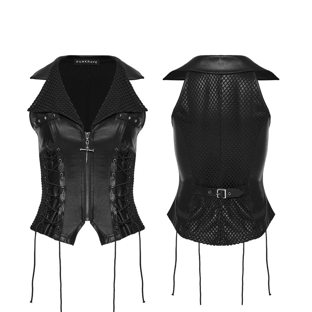 Bold Punk Vest with Cross Pendant and Adjustable Drawstrings featuring mesh details and adjustable fit.