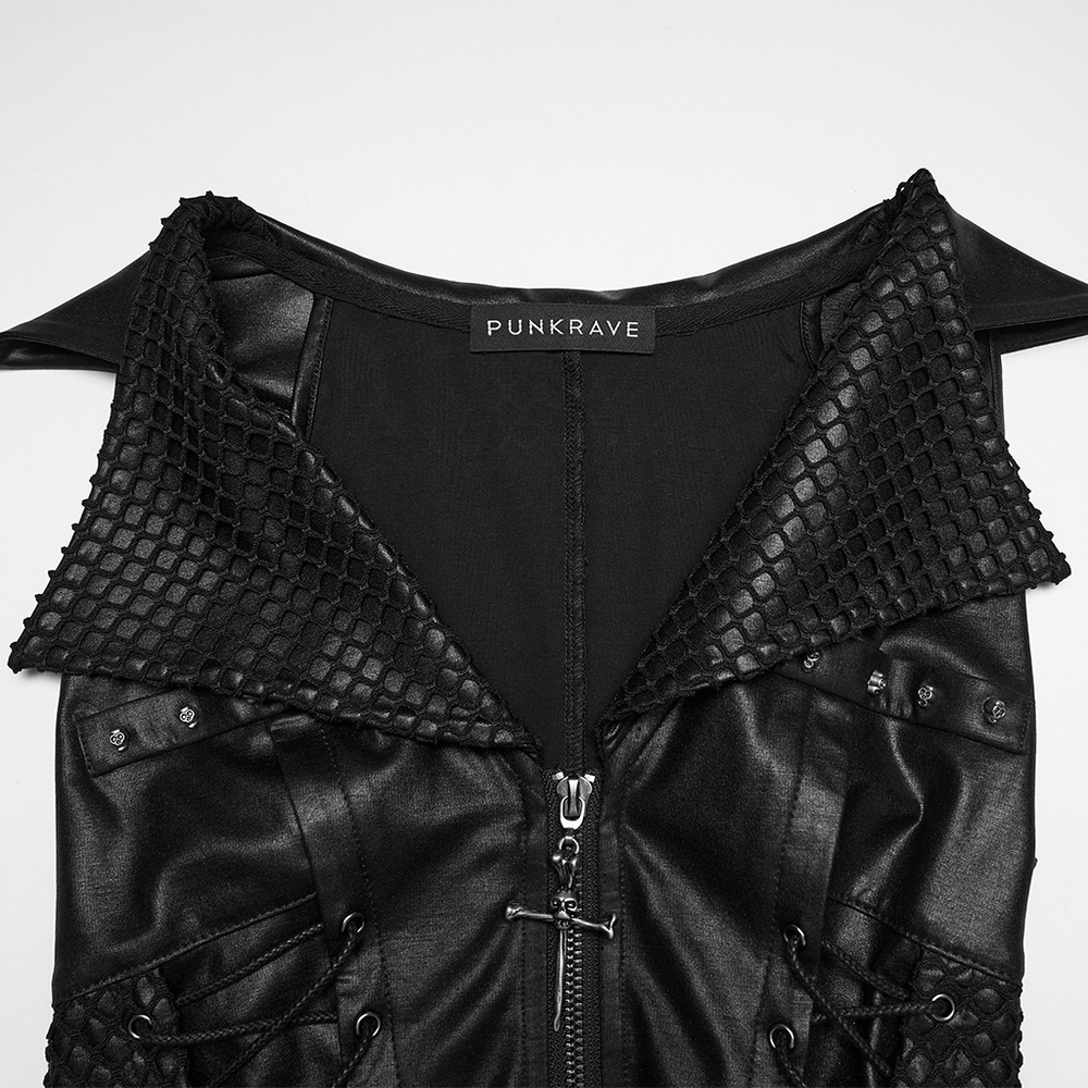 Bold Punk Vest with Cross Pendant and Adjustable Drawstrings featuring mesh details and a large lapel.