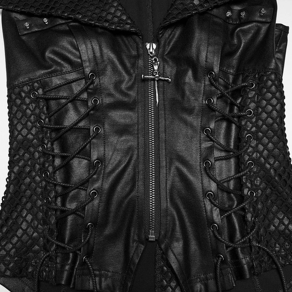 Bold Punk Vest with Cross Pendant and Adjustable Drawstrings featuring mesh details and lacing design.