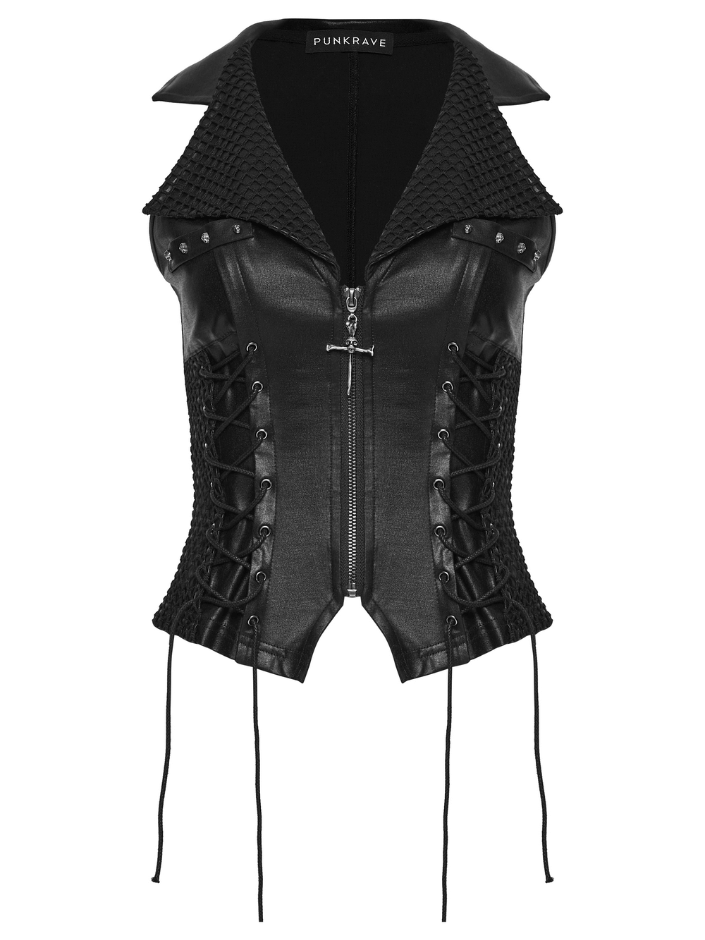 Bold Punk Vest with Cross Pendant and Adjustable Drawstrings featuring a stylish black design and mesh details.