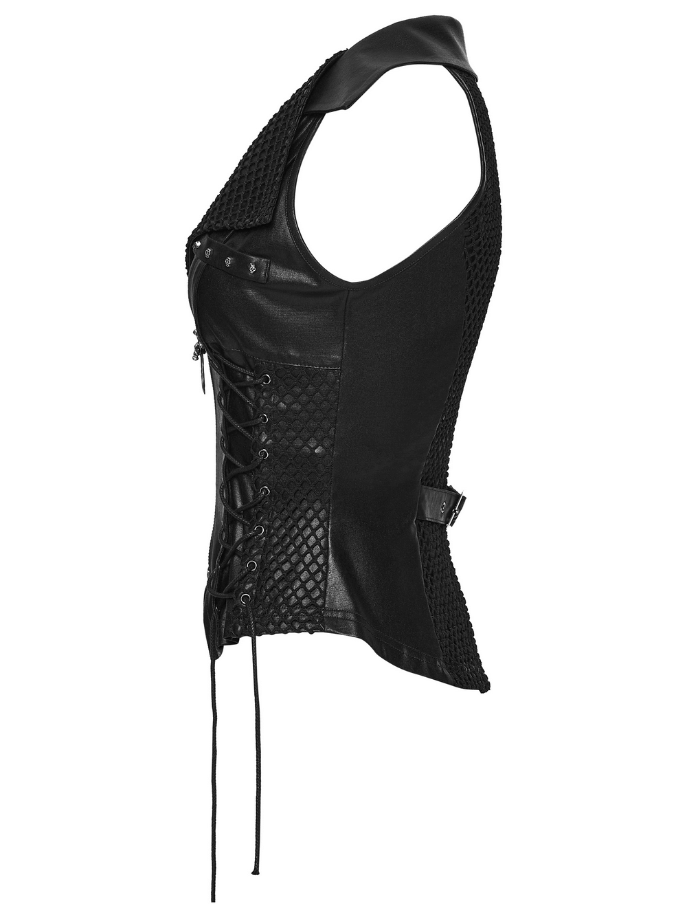 Bold Punk Vest with Cross Pendant and Adjustable Drawstrings side view showcasing mesh details and adjustable fit