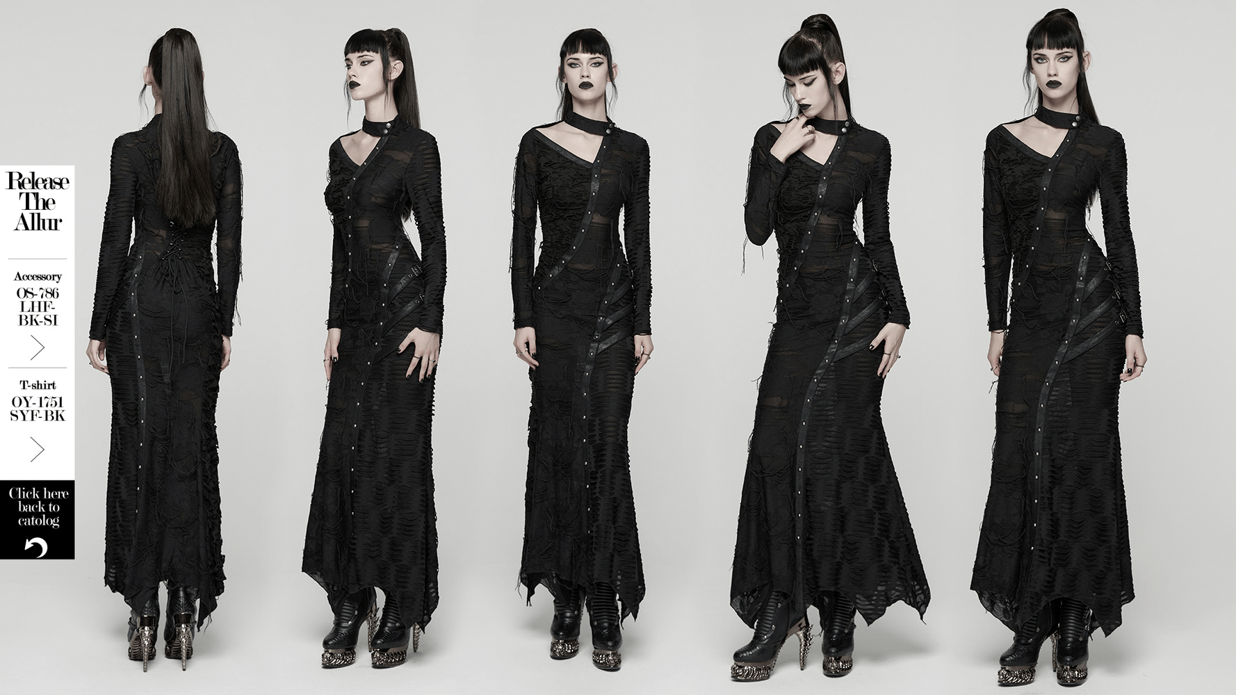 Bold Ragged Knit and Leather Long Asymmetric Dress featuring rivet detailing and gothic style.