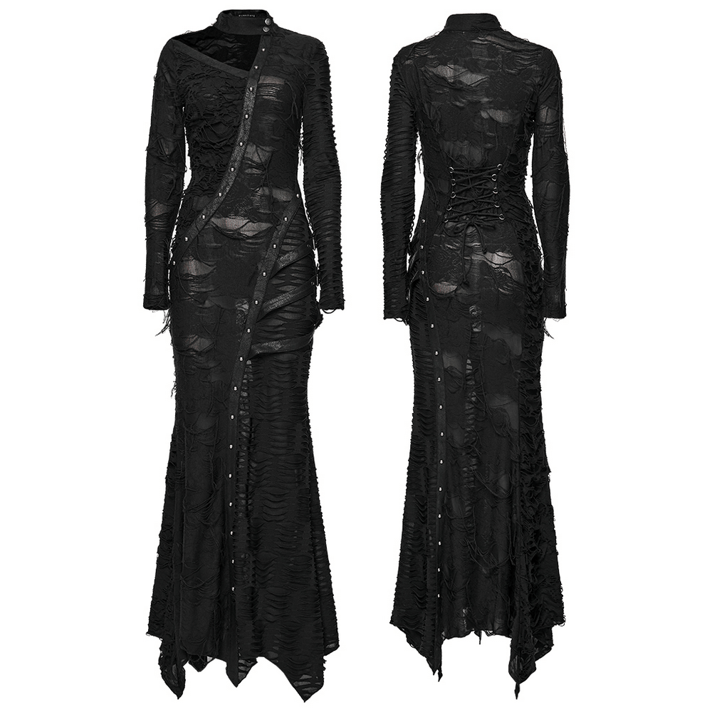 Bold Ragged Knit and Leather Long Asymmetric Dress with unique textured fabrics and rivet detailing.