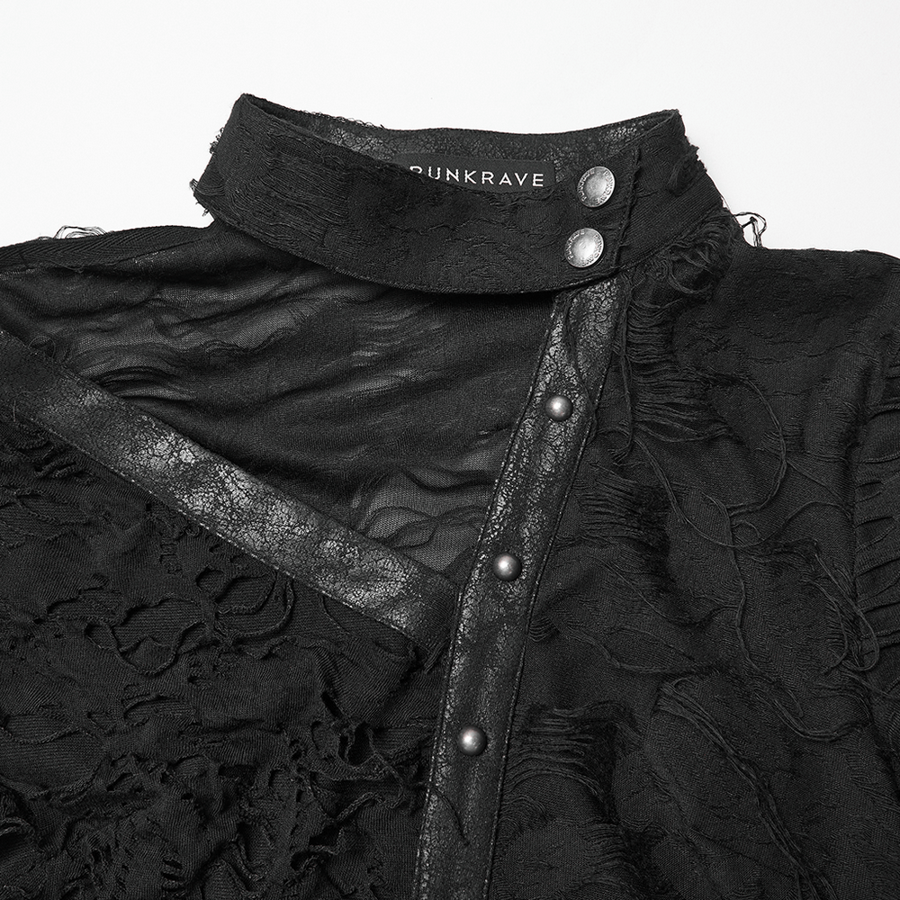 Close-up of the Bold Ragged Knit and Leather Long Asymmetric Dress with textured black fabric and rivet detailing.