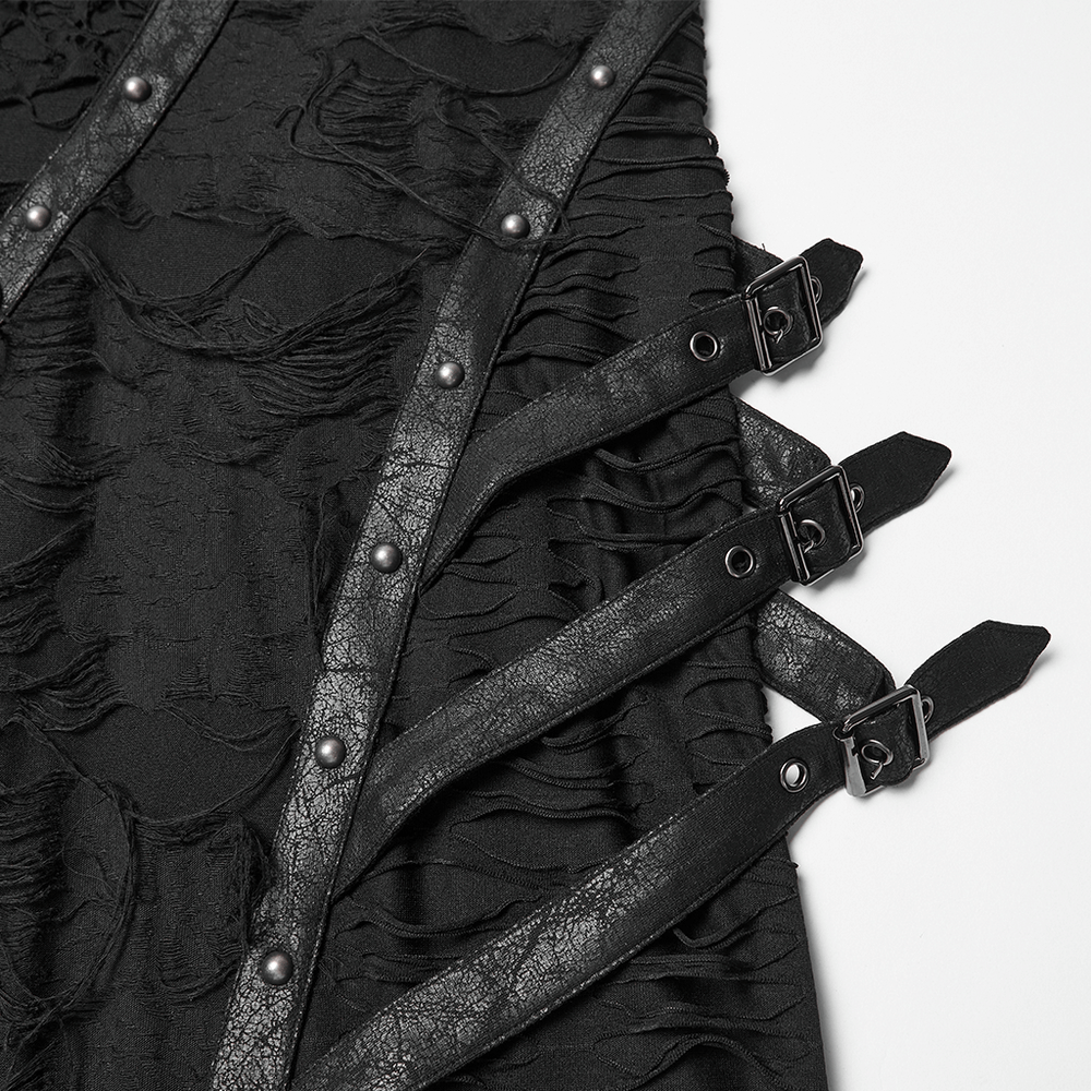 Bold Ragged Knit and Leather Long Asymmetric Dress detailing with rivets and leather straps.