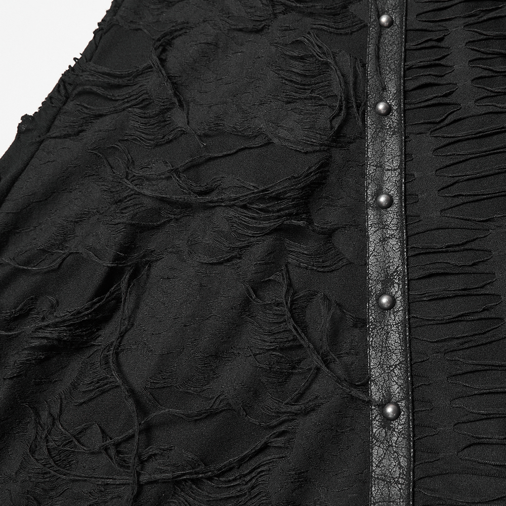 Bold Ragged Knit and Leather Long Asymmetric Dress showcasing textured ragged fabric and rivet detailing.