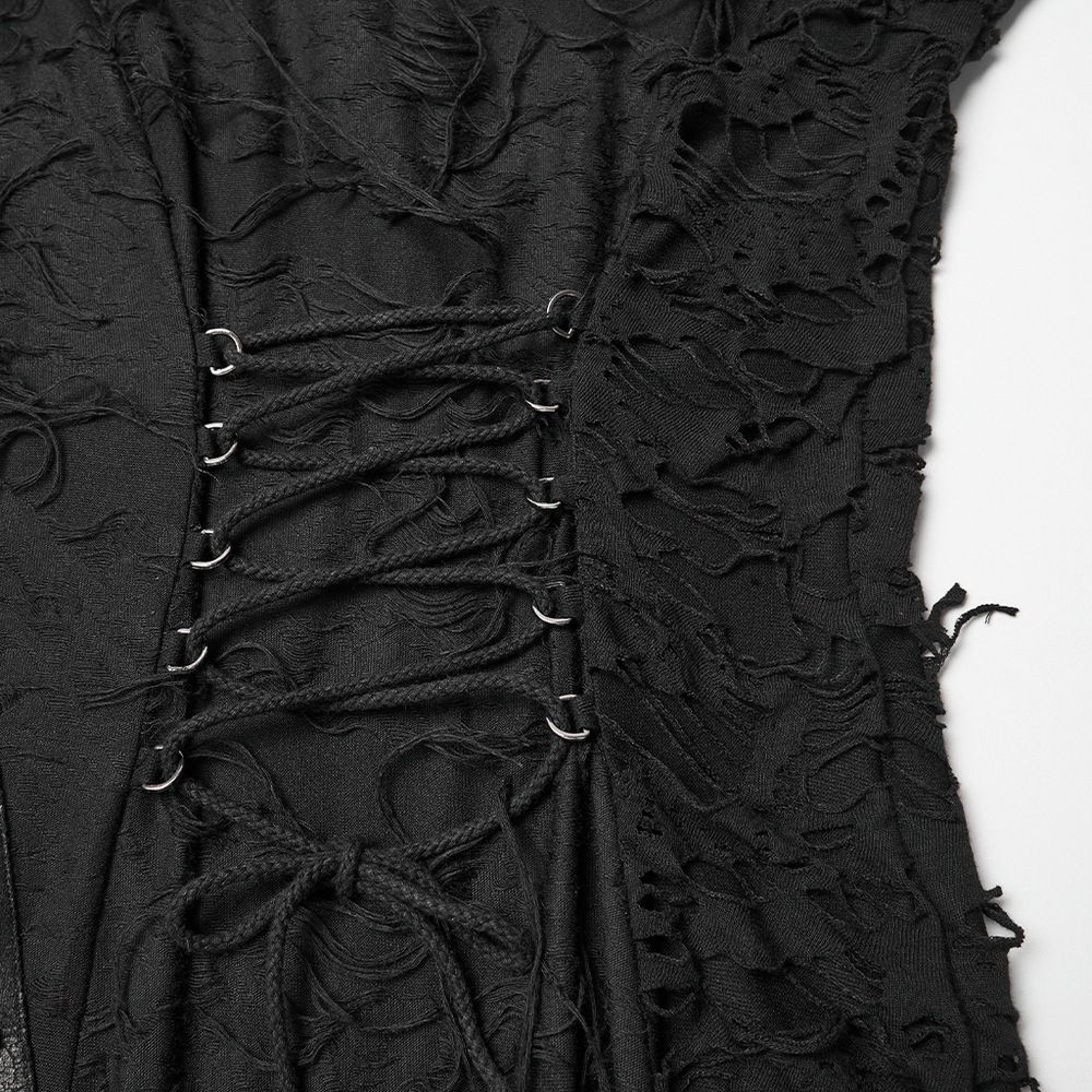 Bold Ragged Knit and Leather Long Asymmetric Dress detailing with lace-up and ragged textures.