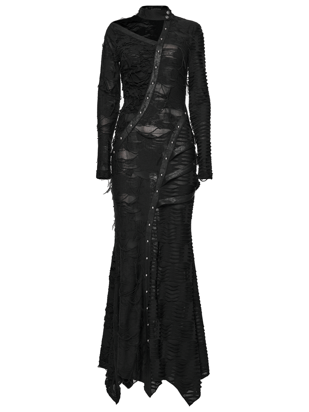 Bold Ragged Knit and Leather Long Asymmetric Dress with unique textures and rivet detailing.