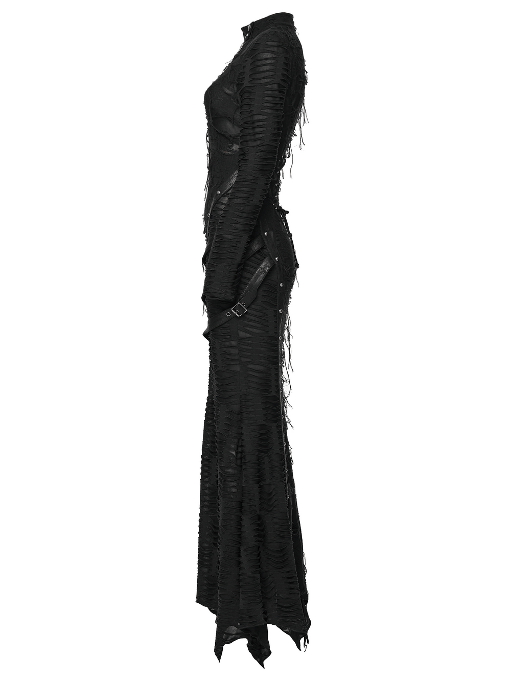 Bold Ragged Knit and Leather Long Asymmetric Dress showcasing a striking punk style with distinctive ragged detailing.