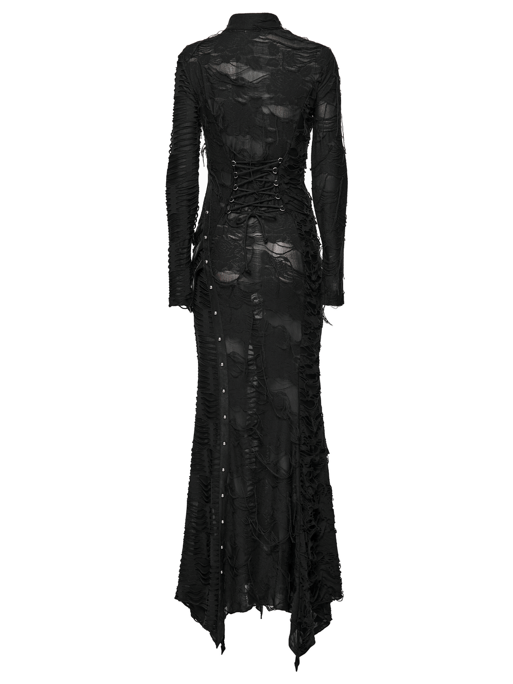 Bold Ragged Knit and Leather Long Asymmetric Dress showcasing a gothic back view with intricate ragged detailing and lace-up design.