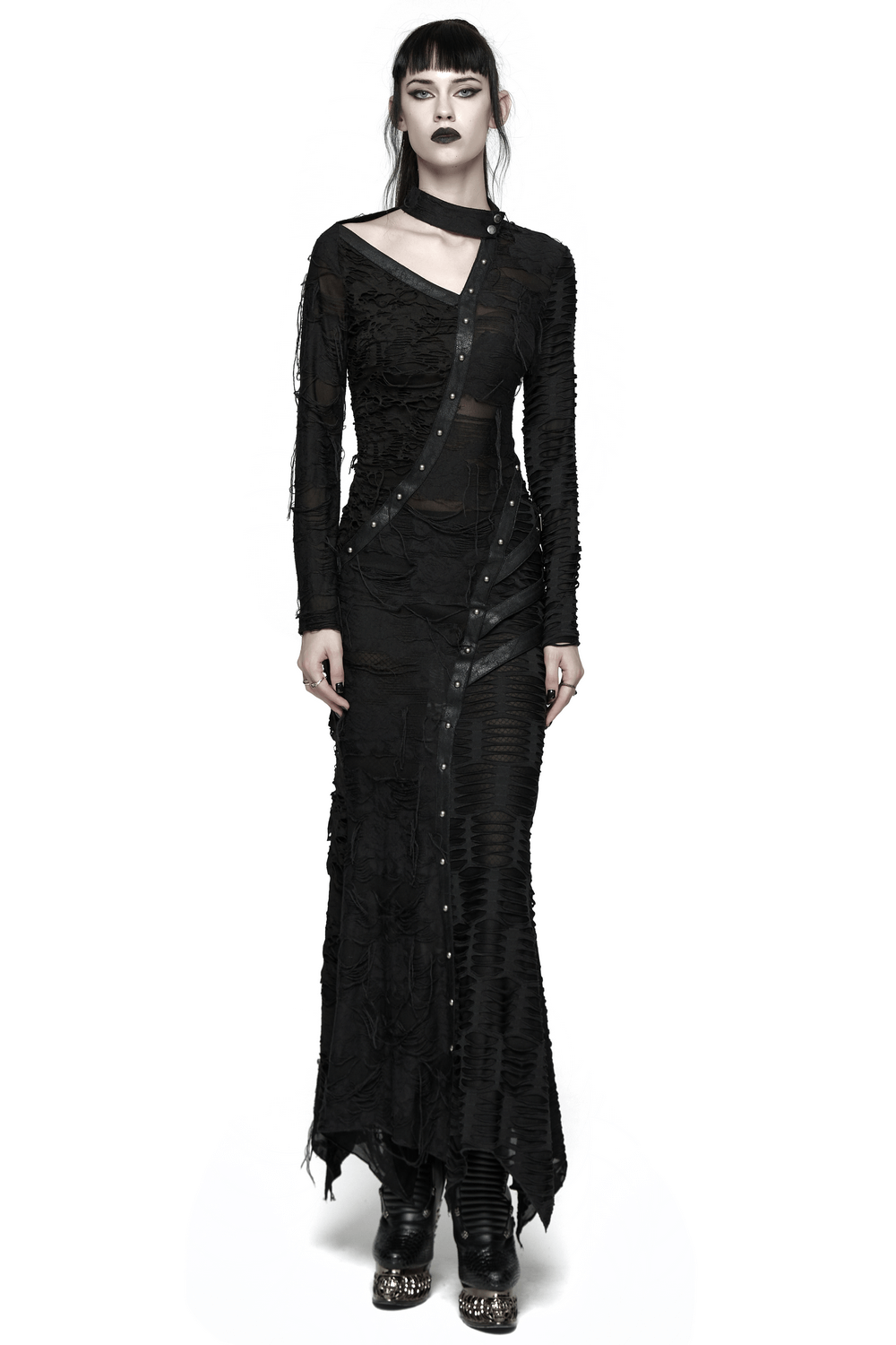 Bold Ragged Knit and Leather Long Asymmetric Dress featuring intricate rivet detailing and a striking hollow design.