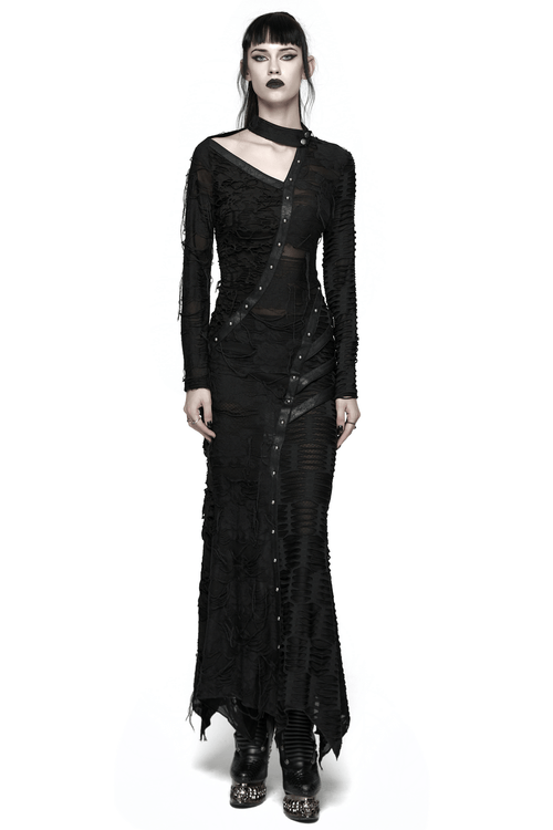 Bold Ragged Knit and Leather Long Asymmetric Dress