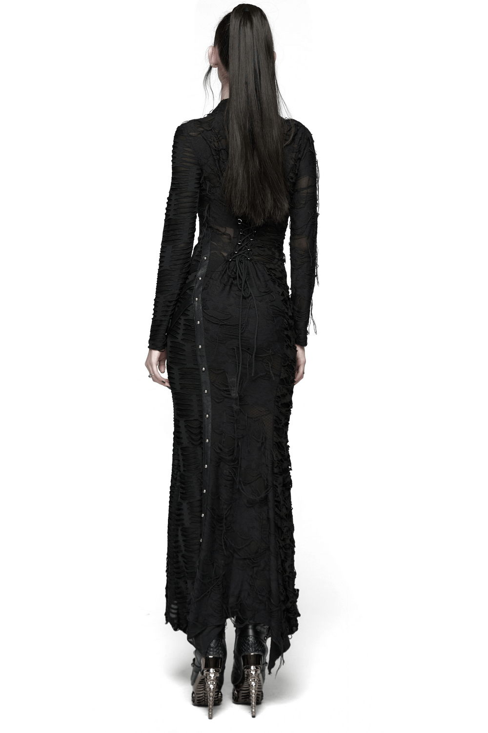 Bold Ragged Knit and Leather Long Asymmetric Dress featuring intricate back details and a flowing silhouette.