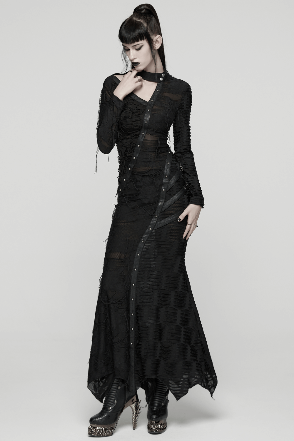 Bold Ragged Knit and Leather Long Asymmetric Dress showcasing punk style with rivet detailing and a flowing design.
