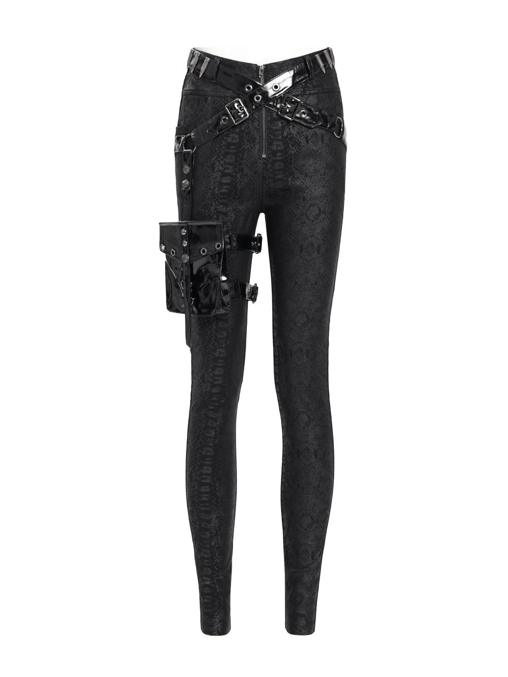 Bold skinny pants with straps and detachable pouch in snakeskin pattern, perfect for punk streetwear style.