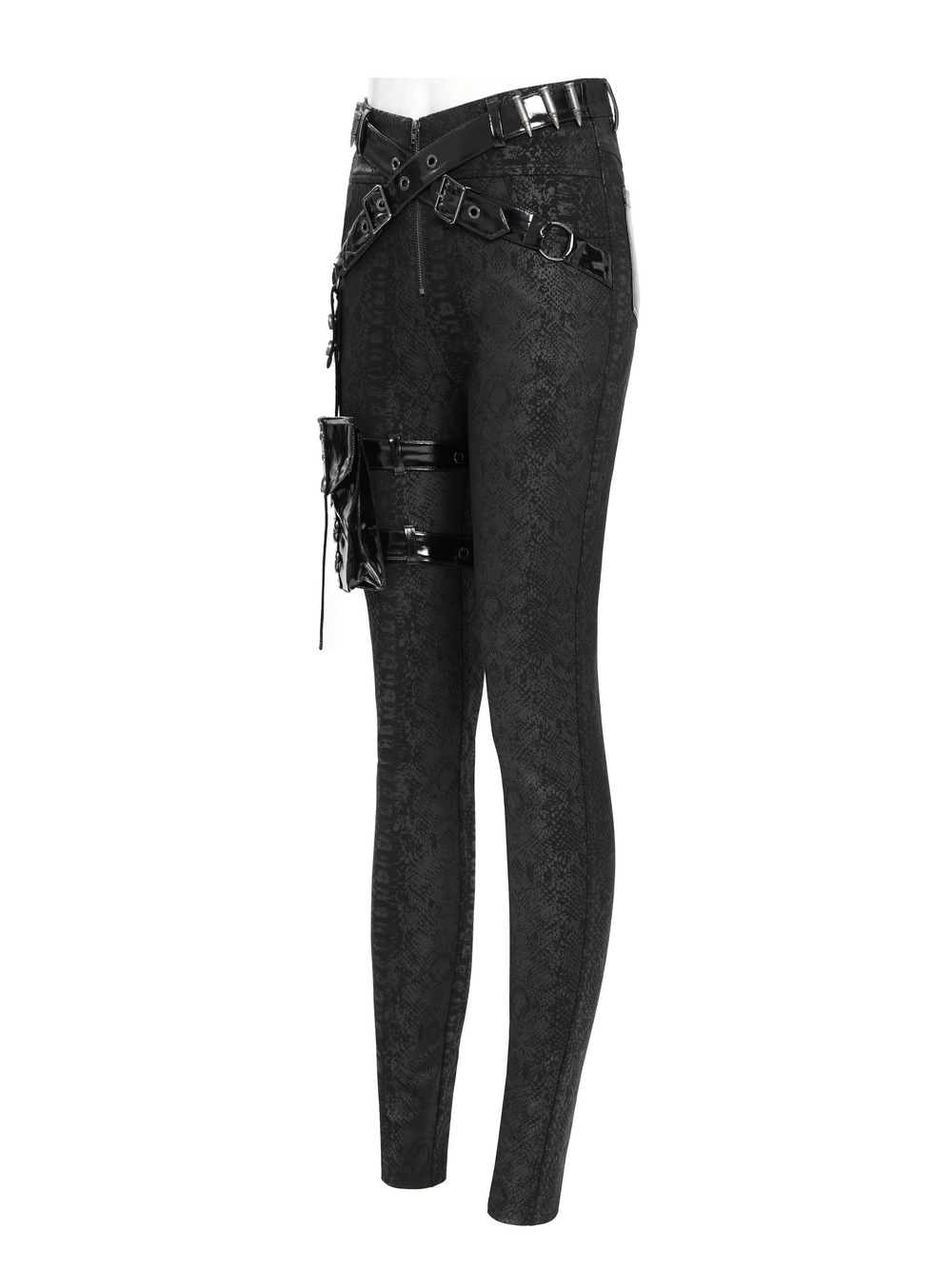 Gothic bold skinny pants with straps, buckles, snakeskin pattern, and detachable side pouch for edgy streetwear.