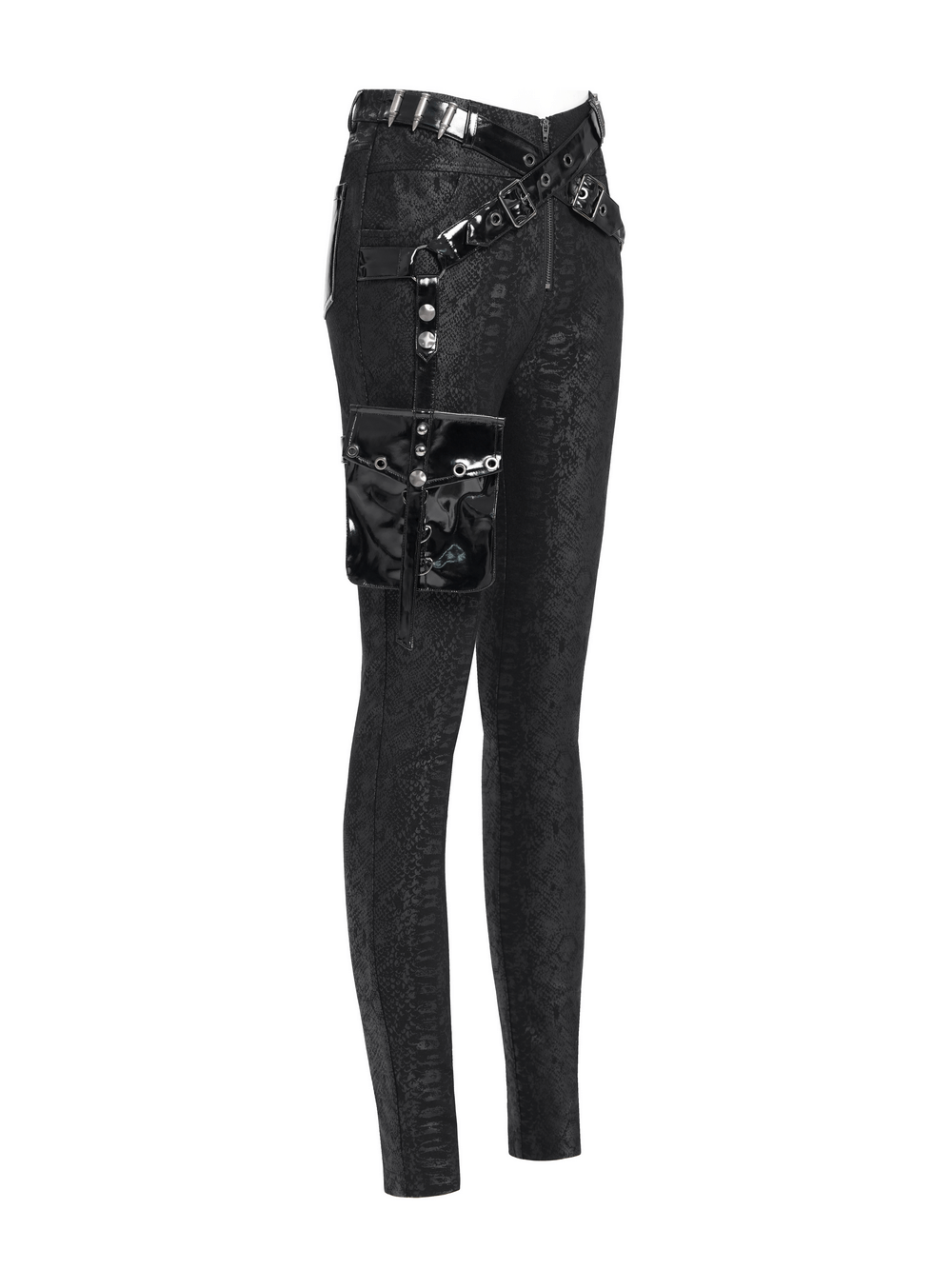 Gothic skinny pants with straps and detachable side pouch, featuring faux leather and a snakeskin pattern.